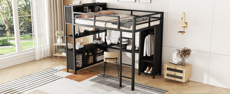 Metal loft bed with wardrobe and L-shaped desk, full-size loft bed with storage cabinet and shelf, heavy-duty loft bed, black - V.I.P Digital Presence