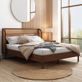 Modern Cannage Rattan Wood Platform Queen Bed Walnut