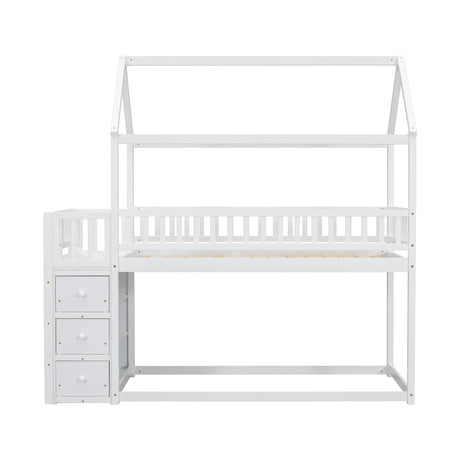 TWIN/TWIN HOUSE BUNK BED WITH SHELVES AND DRAWERS FOR WHITE COLOR - V.I.P Digital Presence