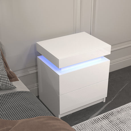 Modern white Nightstand With 2 Storage Drawers,Led Lights, End Table For Bedroom Furniture - V.I.P Digital Presence