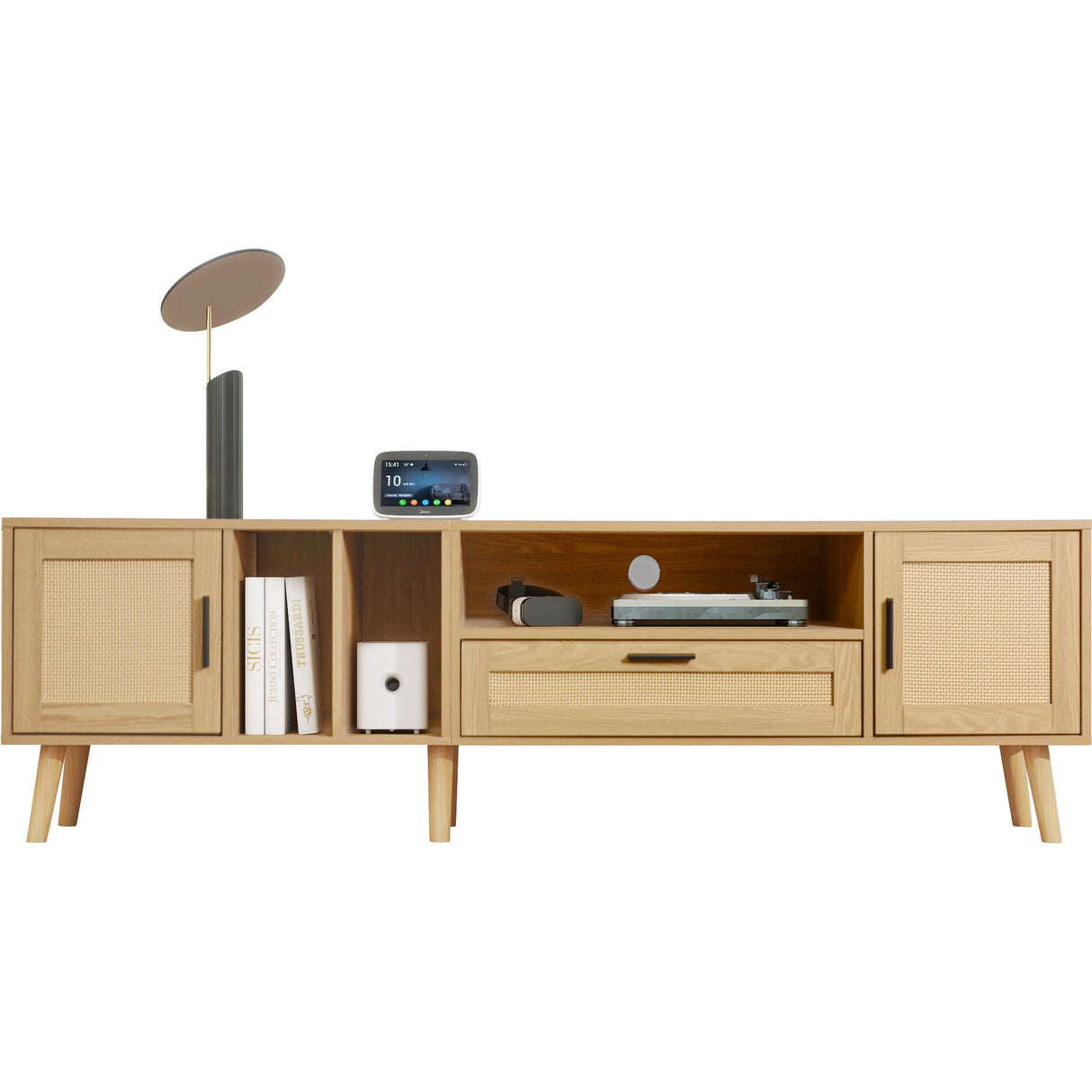 Vine TV stand with 2 cabinets and 2 open shelves, suitable for TVs under 80 inches, with solid wood legs for TV cabinets - V.I.P Digital Presence