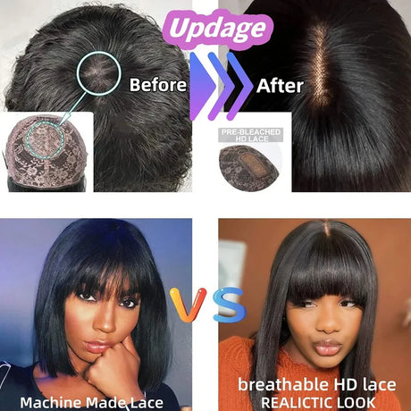 Middle Part 3X1 Hd Lace Wig Bone Straight Human Hair Wigs With Bangs Short Bob Wigs Full Machine Made Short Bob Human Hair Wigs - V.I.P Digital Presence