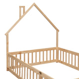 Full House-Shaped Headboard Floor Bed with Fence Natural - V.I.P Digital Presence