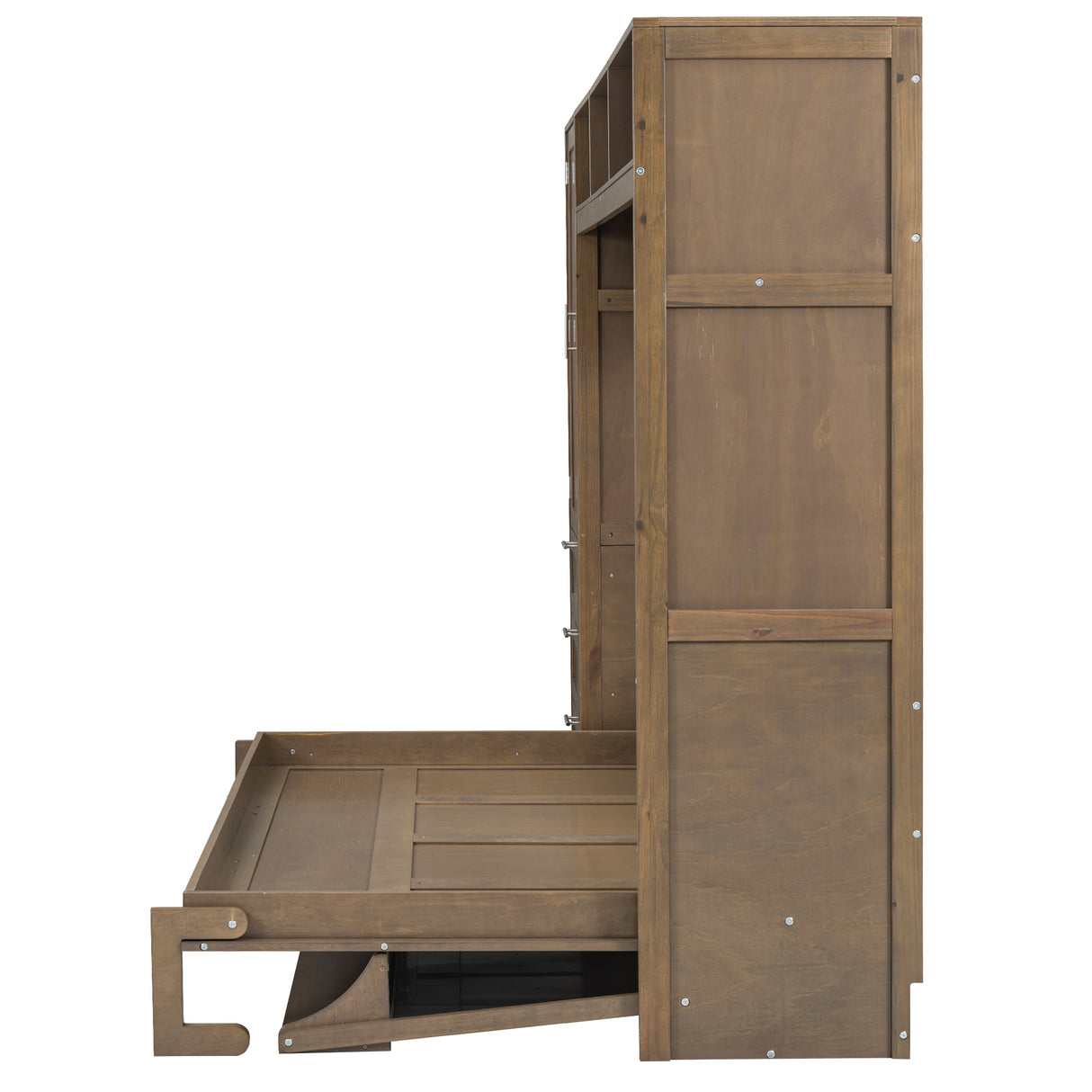 Full Size Murphy Bed with Wardrobe, Drawers and Open Shelves, Antique Grey - V.I.P Digital Presence