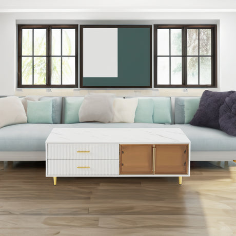 Modern White Coffee Table with 2 Glass Door Storage, 4 Drawers, Gold Metal Legs, and Multi-Color Lighting in 47.2' - V.I.P Digital Presence