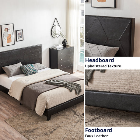 Queen Size Upholstered Platform Bed Frame Wood Slat Support Easy Assembly Black pu - V.I.P Digital Presence