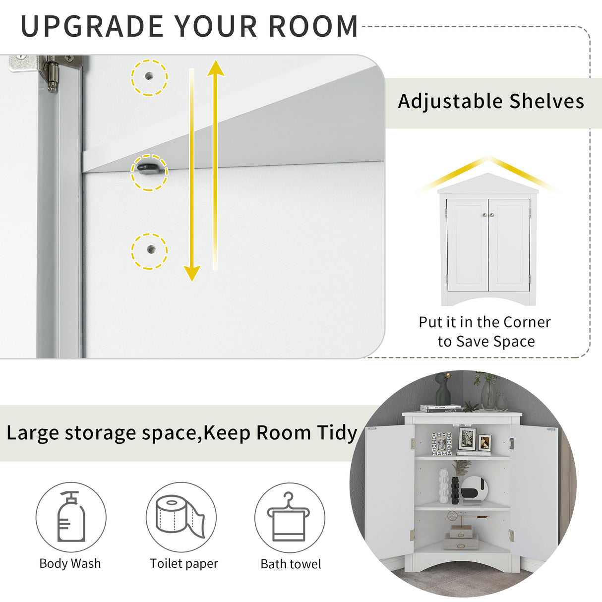 White Triangle Bathroom Storage Cabinet with Adjustable Shelves, Freestanding Floor Cabinet for Home Kitchen - V.I.P Digital Presence