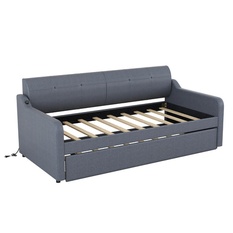 Twin Size Upholstery DayBed with Trundle and USB Charging Design Trundle can be flat or erected Gray - V.I.P Digital Presence