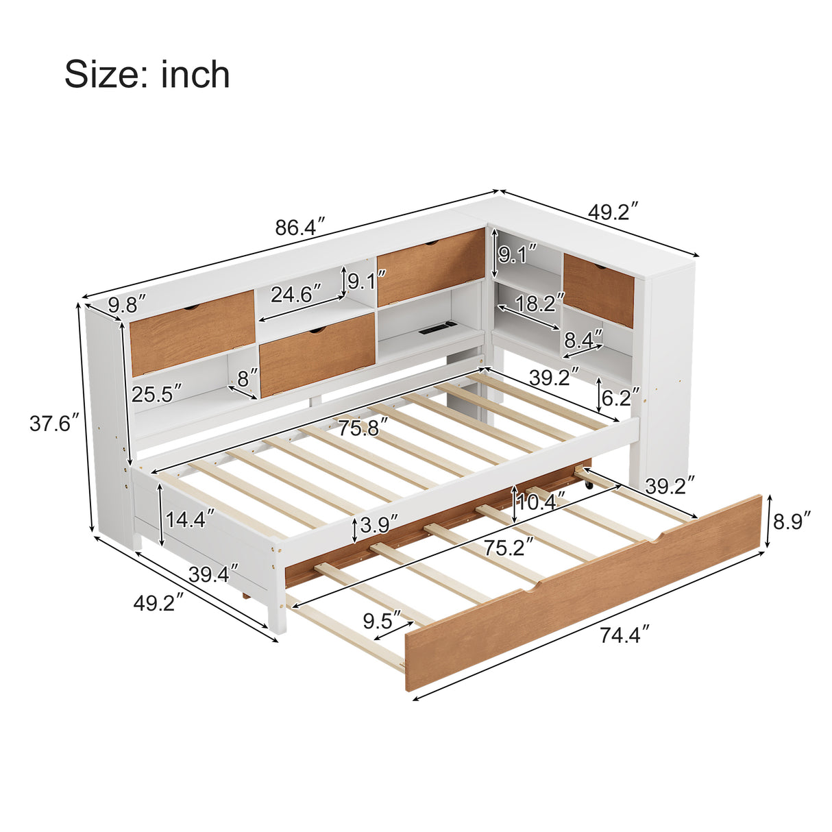 L-shaped bed frame with luggage and bookshelf, corner bed wooden captain's bed LED tube light and USB port walnut and white - V.I.P Digital Presence