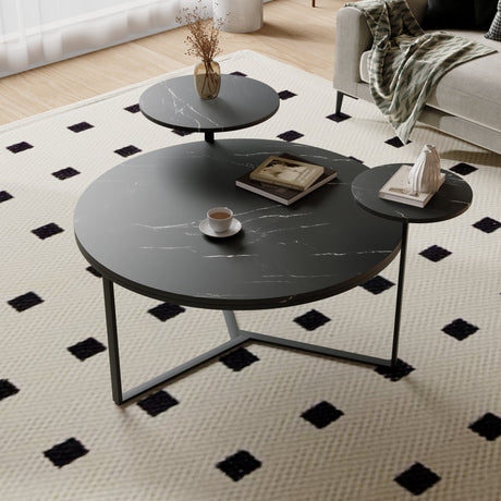 Modern coffee table with two display shelves, Black Faux marble surfaces, Tripod-inspired base,Rounded tabletop edges - V.I.P Digital Presence