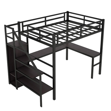 Full sized loft bed with L-shaped desk and USB, metal loft bed with wardrobe and adjustable shelf, black color - V.I.P Digital Presence