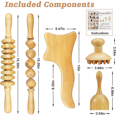 Beech wood therapy scraping cup, meridian dredging roller, tendon rolling stick, scraping board, head massager, massage set - V.I.P Digital Presence