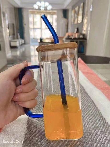 Square colored handle cup glass straw cup with lid milk tea cup with large capacity - V.I.P Digital Presence
