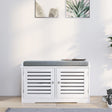 Shoe Storage Bench with Padded Seat Cushion, Entryway Bench with 2 Barn Doors-White - V.I.P Digital Presence