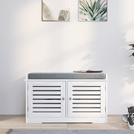 Shoe Storage Bench with Padded Seat Cushion, Entryway Bench with 2 Barn Doors-White - V.I.P Digital Presence
