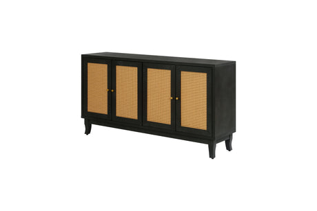 Handcrafted Premium Grain Panels Rattan Sideboard Buffer Cabinet Accent Storage Cabinet With 4 Rattan Doors BLACK - V.I.P Digital Presence