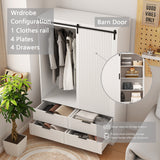 Tall Bedroom Armoire Wardrobe Closet Clothing Storage Cabinet with Hanging Rod Barn Door Drawers Open Shelves,White - V.I.P Digital Presence