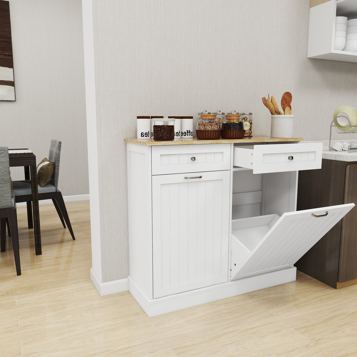 Two Drawers and Two-Compartment Tilt-Out Trash Cabinet Kitchen Trash Cabinet-White - V.I.P Digital Presence