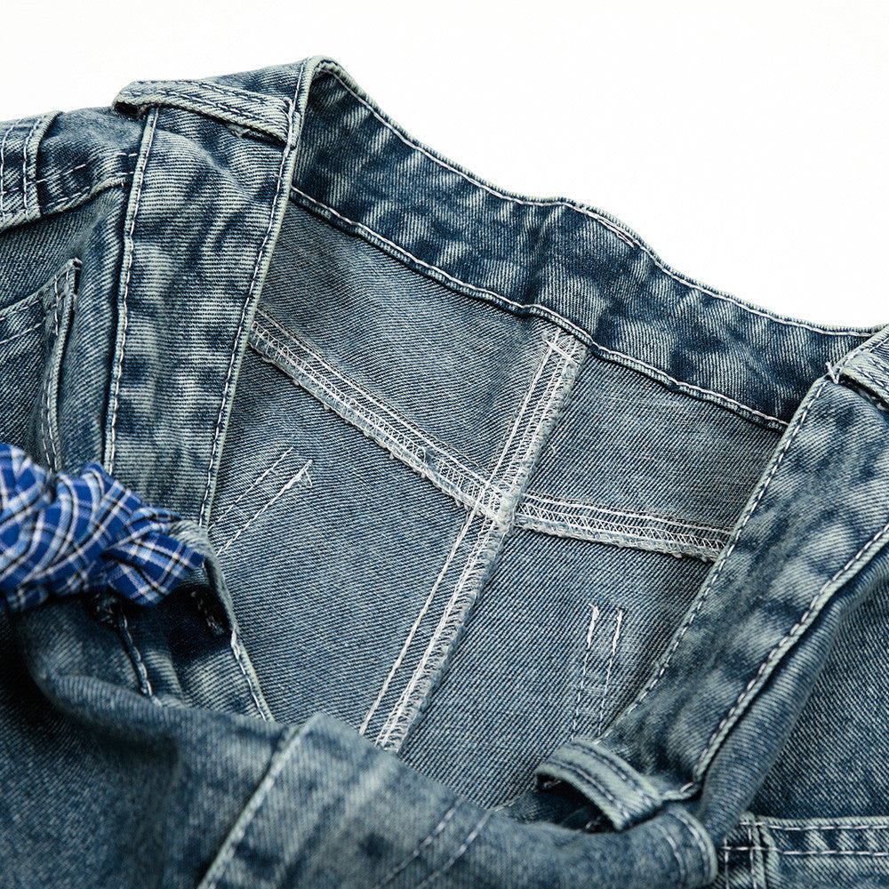 Punk Washed Distressed Denim Shorts Men's Summer Plaid Belted Contrast Pocket Loose Wide-Leg Three-Quarter Pants - V.I.P Digital Presence