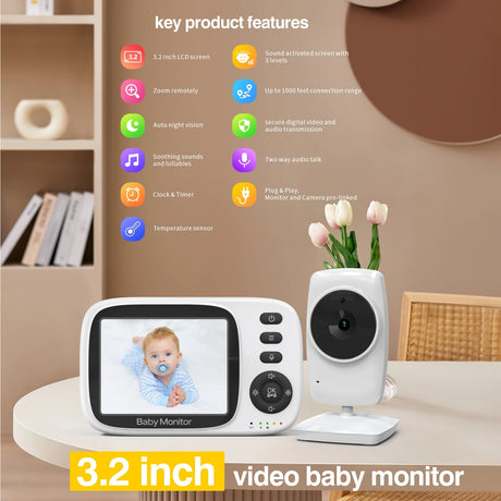 Video Baby Monitor 2.4G Wireless with 3.2 Inches LCD 2 Way Audio Talk Night Vision Surveillance Security Camera Babysitter - V.I.P Digital Presence