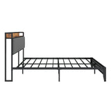 Queen Size Bed Frame with Charging Station, Upholstered Headboard, Metal Platform, Grey - V.I.P Digital Presence