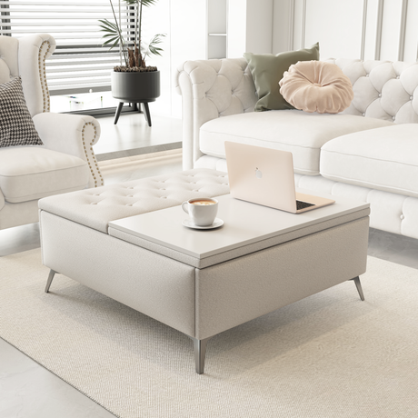 35 inch Wide Square storage benches Coffee Table with Lift Top Oversized Storage Ottoman in Upholstered for Living Room - V.I.P Digital Presence