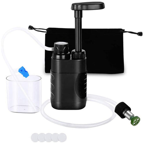 A portable outdoor water filter pump with a 0.01-micron, 3-stage filtration system, suitable for hiking and camping. - V.I.P Digital Presence