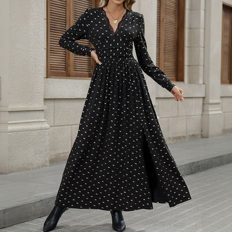 Lace V-neck Bow Print Long Sleeve Dress - V.I.P Digital Presence