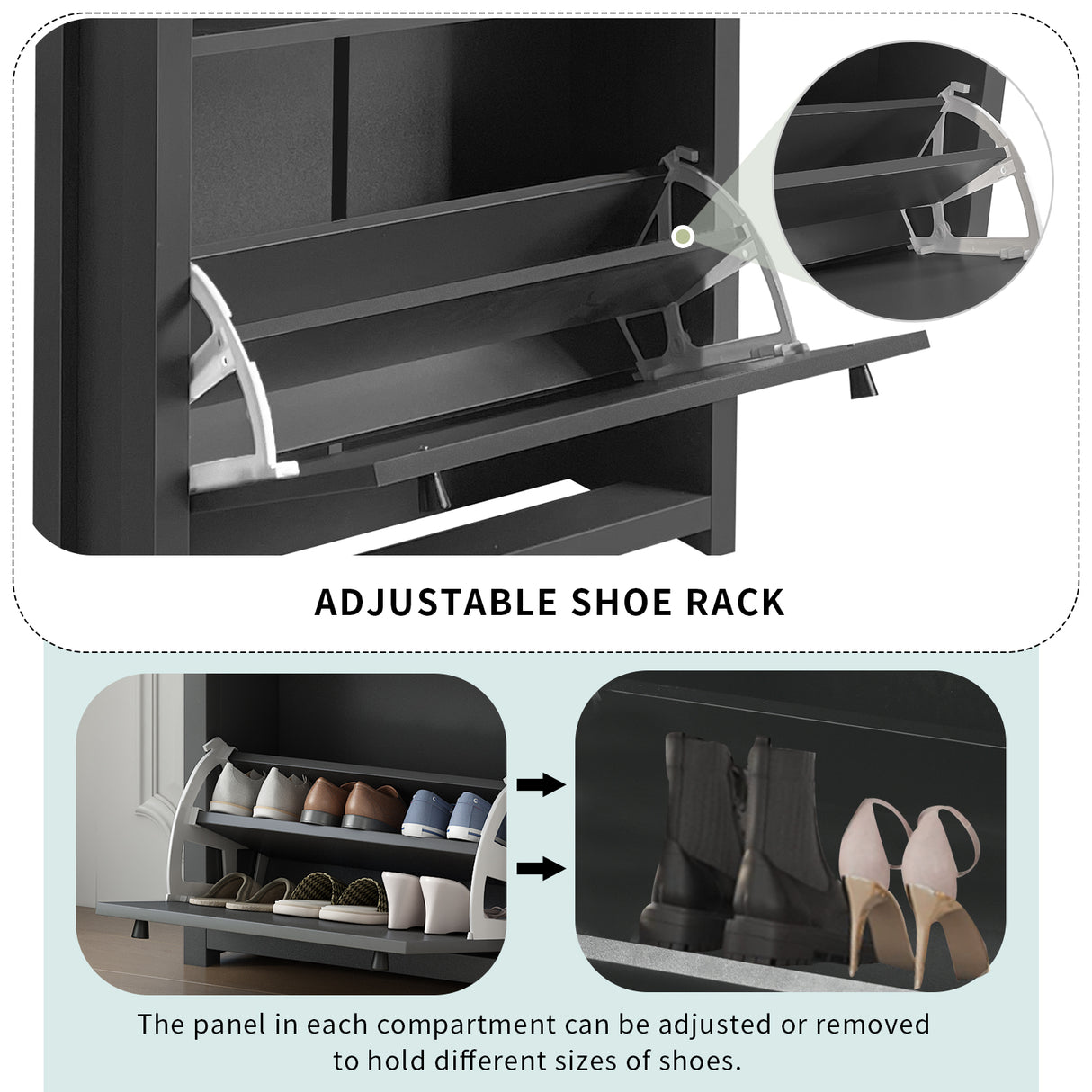 ONTREND functional with 2 flipped drawers, top shoe cabinet with adjustable panel, independent shoe rack, gray - V.I.P Digital Presence
