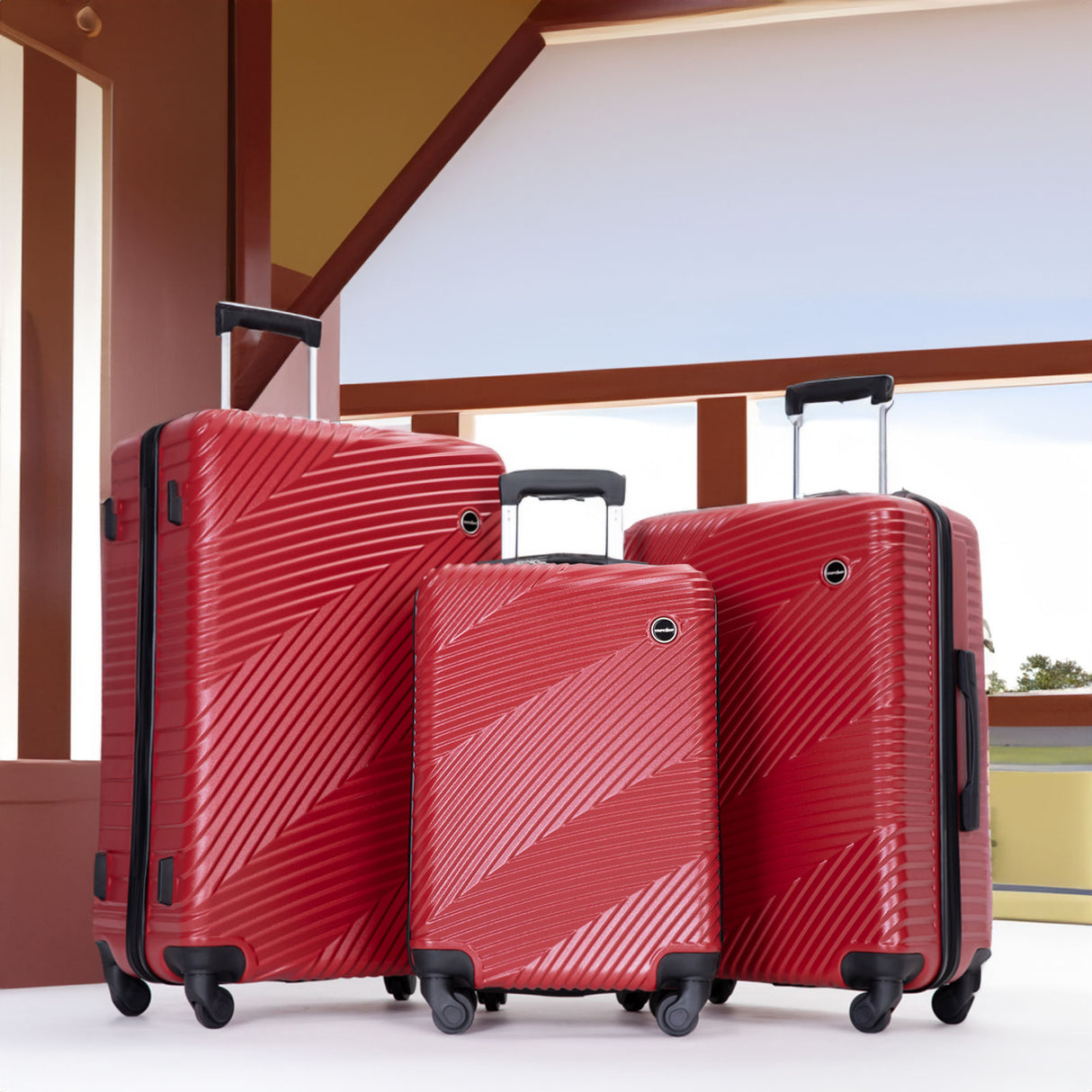 3 Piece Luggage Sets PC+ABS Lightweight Suitcase with Two Hooks Spinner Wheels (20/24/28) Red