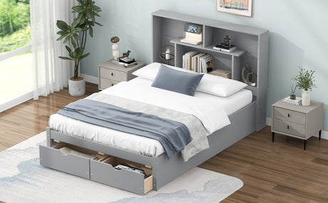 Full Size Platform Bed with Storage Headboard and 2 Drawers, Gray - V.I.P Digital Presence