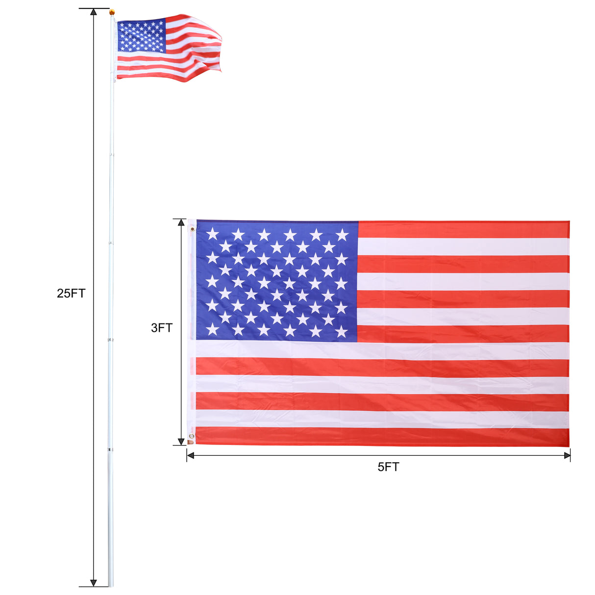 25FT segmented flagpole kit, ultra thick heavy-duty aluminum flagpole with top ball outdoor embedded flagpole - V.I.P Digital Presence