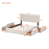 Upholstered Platform Bed with Classic Headboard and 4 Drawers No Box Spring Needed Linen Fabric Queen Size Beige - V.I.P Digital Presence