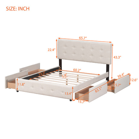 Upholstered Platform Bed with Classic Headboard and 4 Drawers No Box Spring Needed Linen Fabric Queen Size Beige - V.I.P Digital Presence