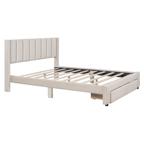 Queen Size Storage Bed Velvet Upholstered Platform Bed with a Big Drawer - Beige - V.I.P Digital Presence