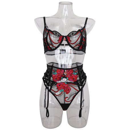 New sexy red lingerie set with lace rose embroidery pendant - V.I.P Digital Presence