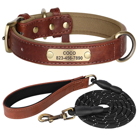 Personalized Dog Collar Leash Set Custom PU Leather Dogs Tag Collars Free Engraved Nameplate For Small Medium Large Dogs Pitbull - V.I.P Digital Presence