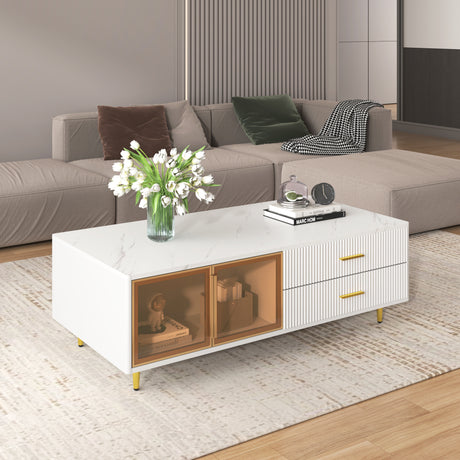 Modern White Coffee Table with 2 Glass Door Storage, 4 Drawers, Gold Metal Legs, and Multi-Color Lighting in 47.2' - V.I.P Digital Presence