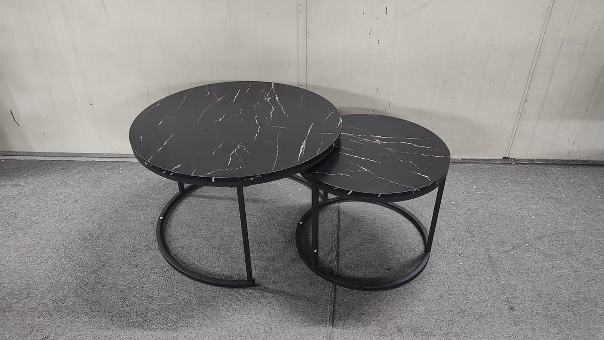 A set of nested coffee tables, 27.6-inch round coffee table, wooden marble patterned tabletop, sturdy metal frame (black) - V.I.P Digital Presence