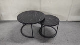 A set of nested coffee tables, 27.6-inch round coffee table, wooden marble patterned tabletop, sturdy metal frame (black) - V.I.P Digital Presence