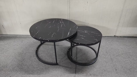 A set of nested coffee tables, 27.6-inch round coffee table, wooden marble patterned tabletop, sturdy metal frame (black) - V.I.P Digital Presence