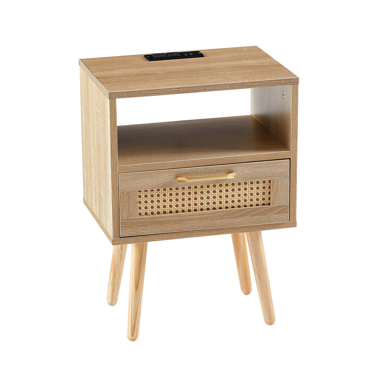 15.75" Rattan End table with Power Outlet & USB Ports  Modern nightstand with drawer and solid wood legs - V.I.P Digital Presence