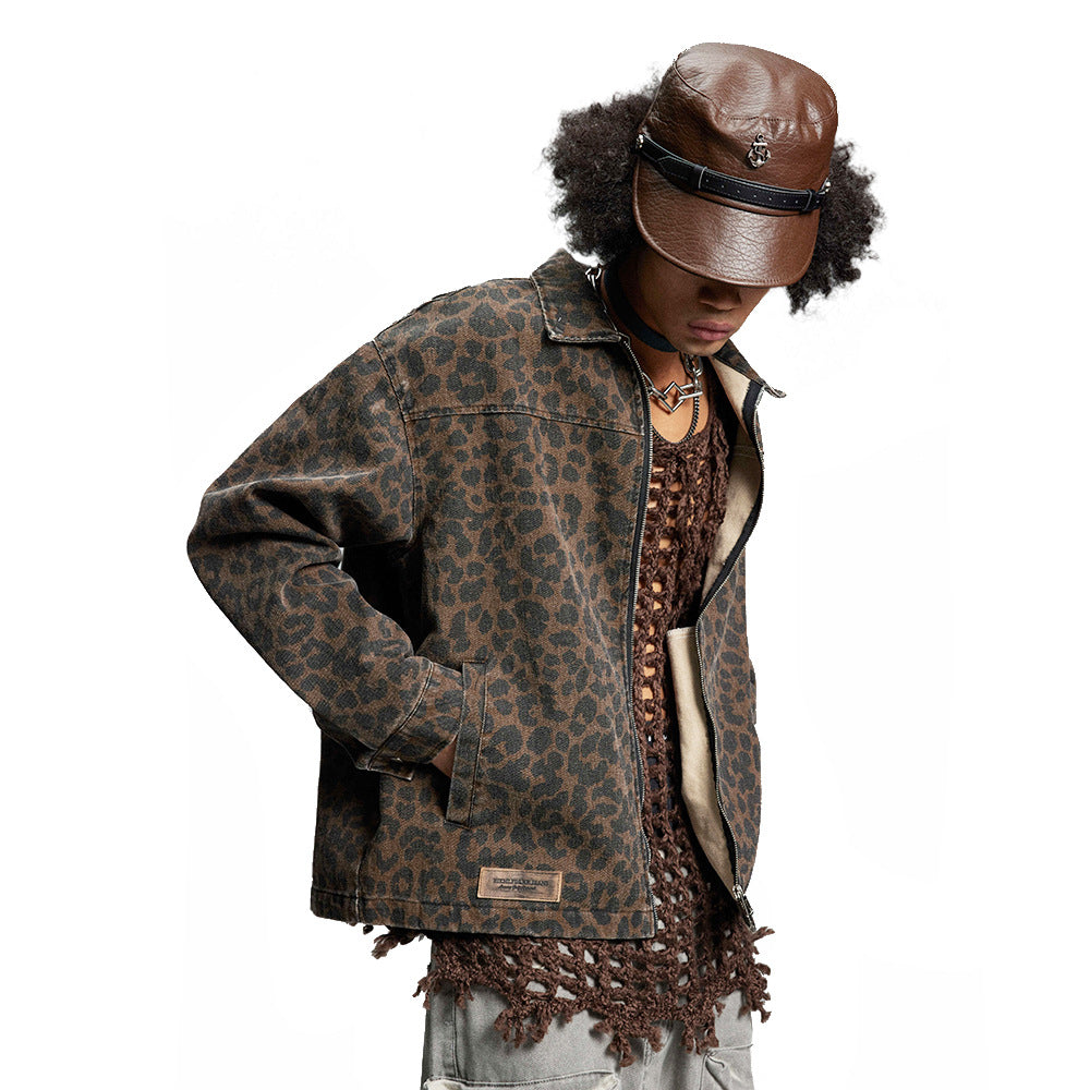Leopard Print Denim Jacket   Style Men's Punk Spring and Autumn Loose Casual Washed Open Front Zipper Collar Outerwear - V.I.P Digital Presence