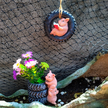 Cute Piggy Reading Tire Courtyard Garden Outdoor Hanger - V.I.P Digital Presence