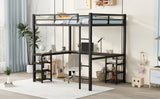 Full metal loft bed with desk and shelf, loft bed with ladder and guardrail, black with retro wood desk - V.I.P Digital Presence