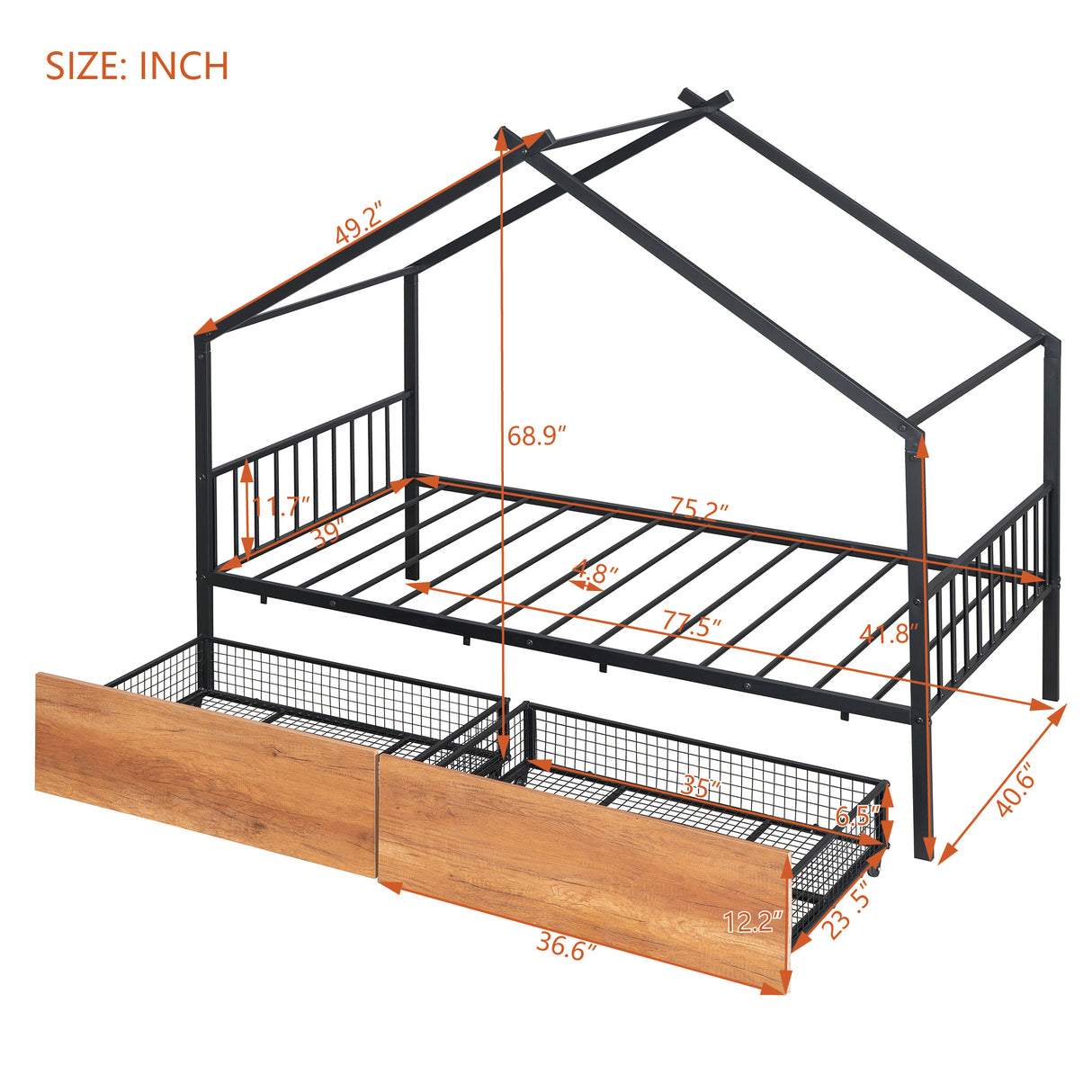 Twin Size Metal House Bed with Two Drawers, Black - V.I.P Digital Presence