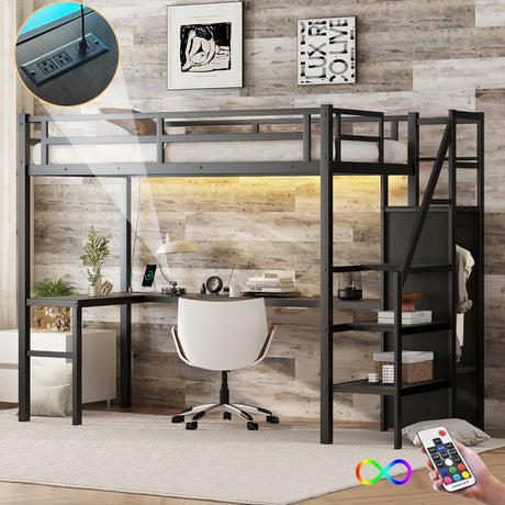 Twin XL loft bed with L-shaped desk and USB, metal loft bed with wardrobe and adjustable shelf, LED loft bed, black - V.I.P Digital Presence
