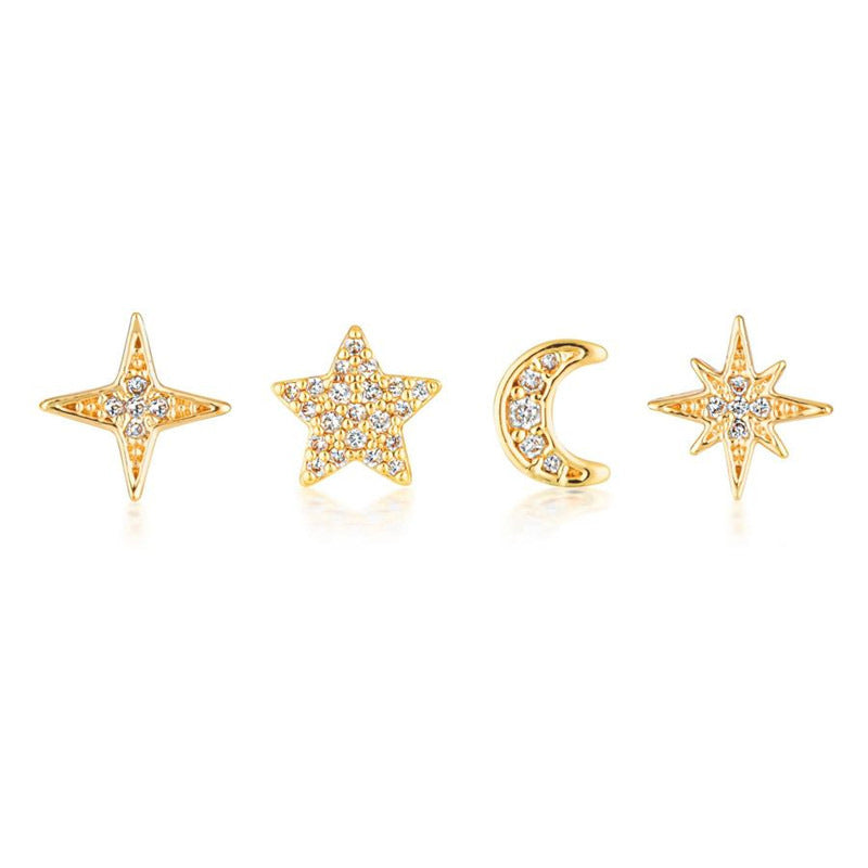 S925 Small Ins 4 Piece Set Star Octagonal Star Four Point Star Moon Earring Set - V.I.P Digital Presence