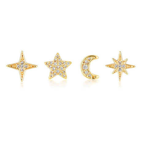 S925 Small Ins 4 Piece Set Star Octagonal Star Four Point Star Moon Earring Set - V.I.P Digital Presence