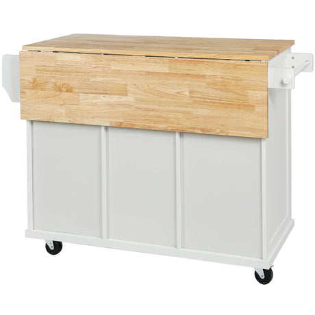 Kitchen trolley with rubber wood leaf countertop, 5-wheel kitchen island, storage cabinet and 3 dining drawers, white - V.I.P Digital Presence
